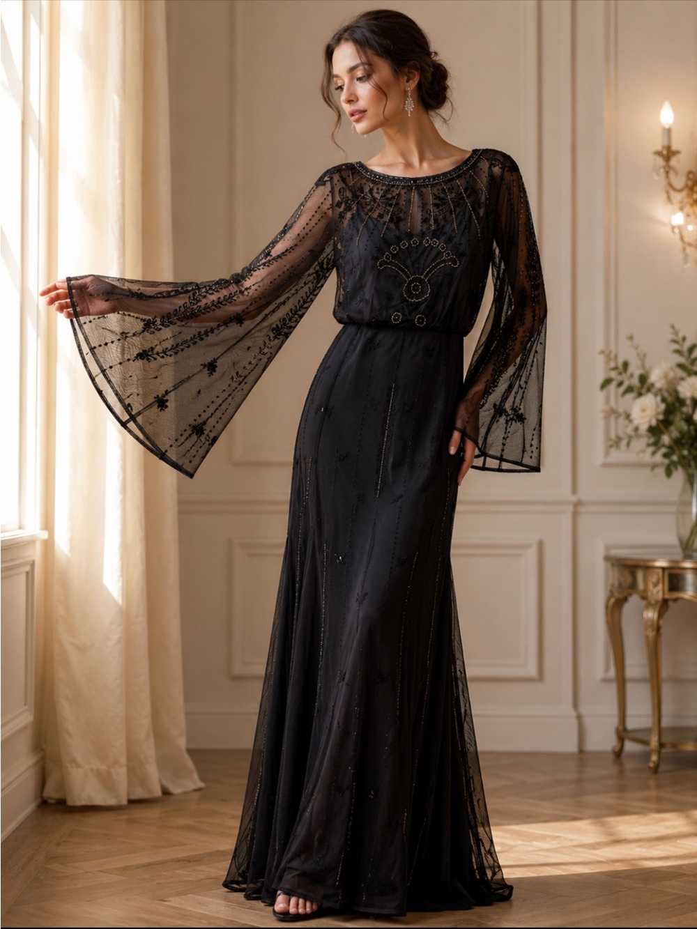 Aidan Mattox gunmetal Beaded Long-Sleeve Evening Gown